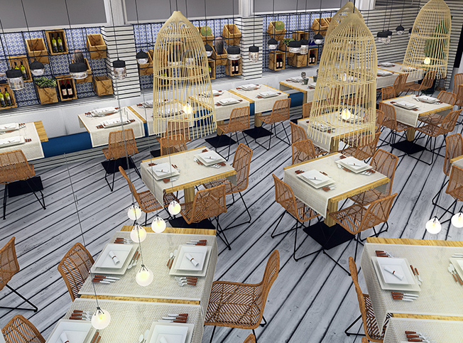 Progetto stabilimento balneare, disposizione tavoli ristorante, architetto online StudioExnovo Roma
