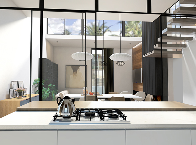 Progettazione villa, cucina con vetrata, architetto online StudioExnovo Roma
